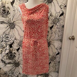 ANN TAYLOR LOFT Women's Dress Coral White Print Tie Front Sleeveless SIZE Small